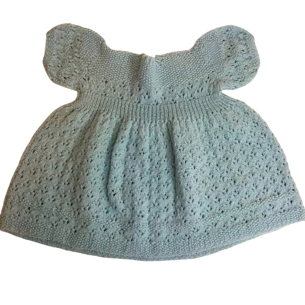 Vintage Hand Knit Baby Dress 0–3M | Heirloom Knit | Sage Green | Photo Prop VBC